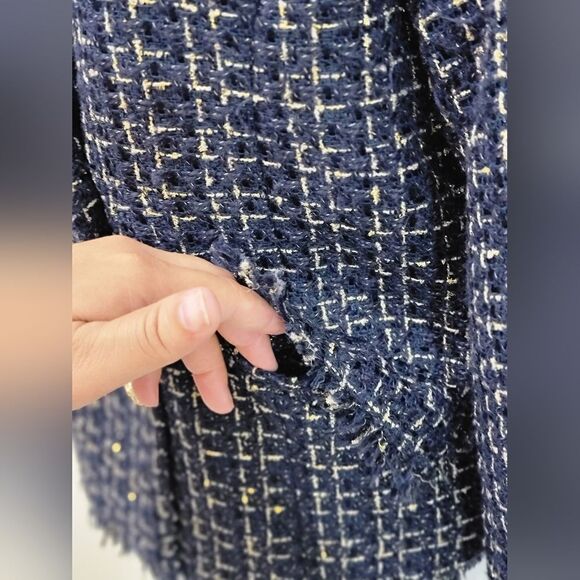 Dolce Cabo Gold Button Tweed Blazer Navy Blue Shoulder Pads Fringe Hem Size M - Picture 7 of 12